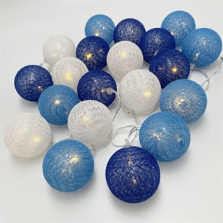 LED lyskæde med bomuldsbolde i blå og hvide nuancer – 3 m, 20 bolde, Ø 6 cm